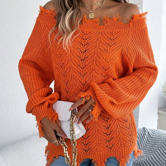 Orange Women's Off Shoulder Sweater Frayed Hem Detail Long Sleeve Pullover - Picture 8 of 8